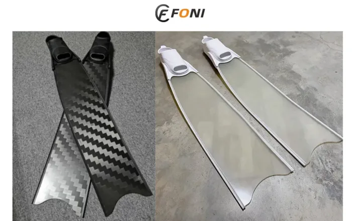 Carbon Fiber vs Fiberglass Freediving Fins comparison showing two composite fin blades for OEM diving equipment manufacturing