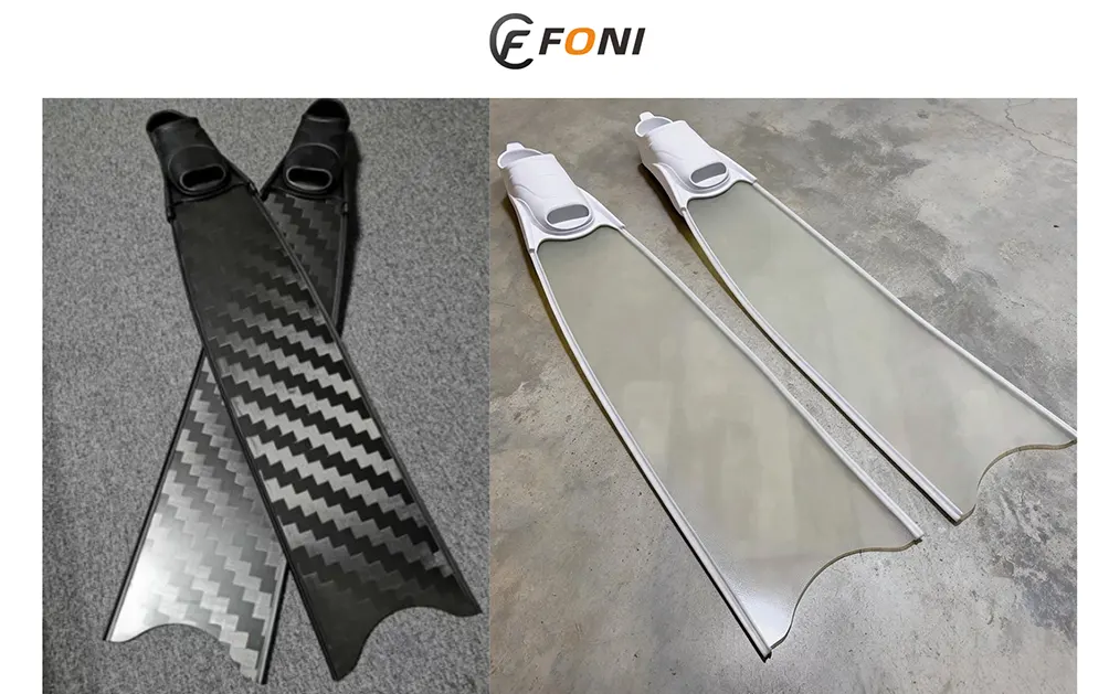carbon fiber vs fiberglass freediving fins Carbon Fiber vs Fiberglass Freediving Fins comparison showing two composite fin blades for OEM diving equipment manufacturing